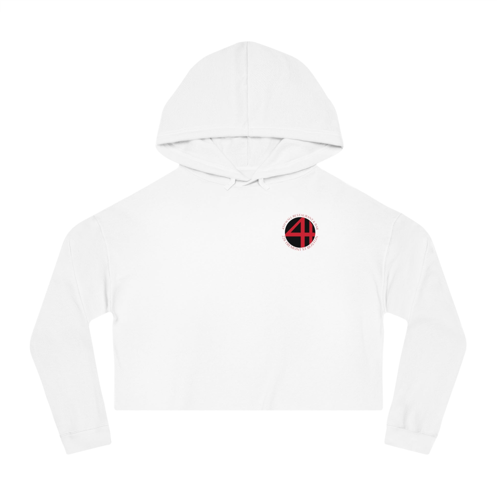 White women's cropped hooded sweatshirt with a red and black 4th Wall logo on the chest.