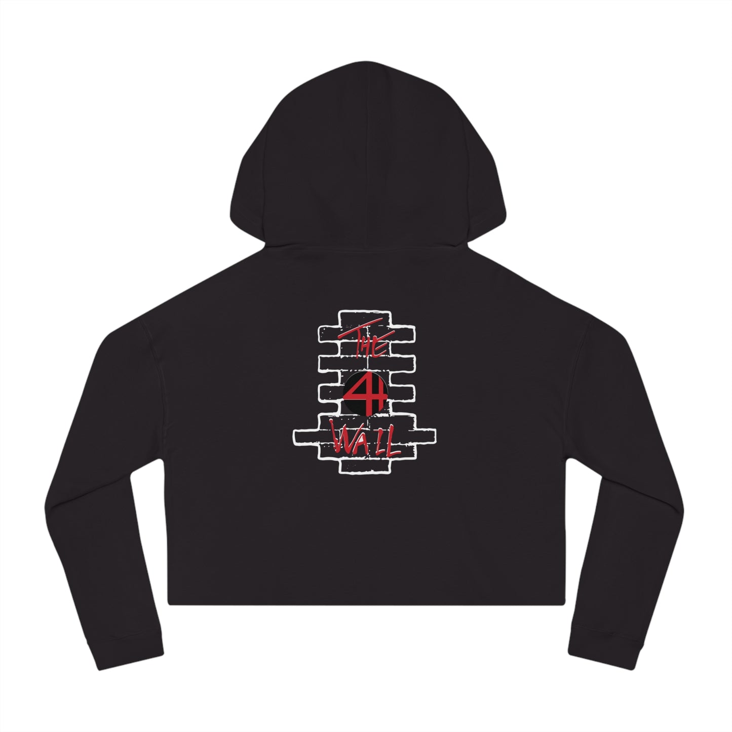 Black women's cropped hooded sweatshirt featuring a white brick wall graphic and red The 4th Wall logo on the back.