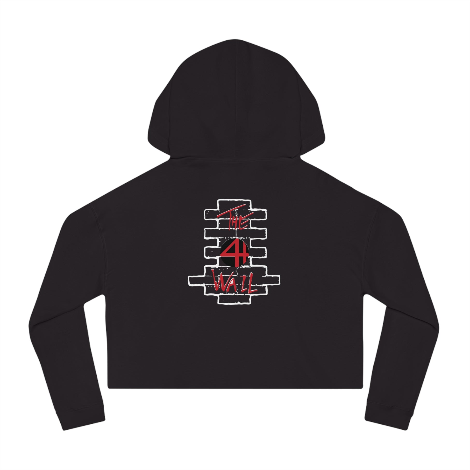 Black women's cropped hooded sweatshirt featuring a white brick wall graphic and red The 4th Wall logo on the back.