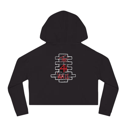Black women's cropped hooded sweatshirt featuring a white brick wall graphic and red The 4th Wall logo on the back.