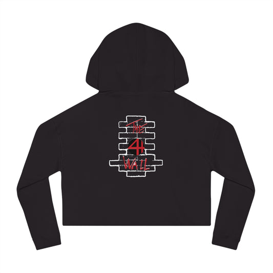Black women's cropped hooded sweatshirt featuring a white brick wall graphic and red The 4th Wall logo on the back.