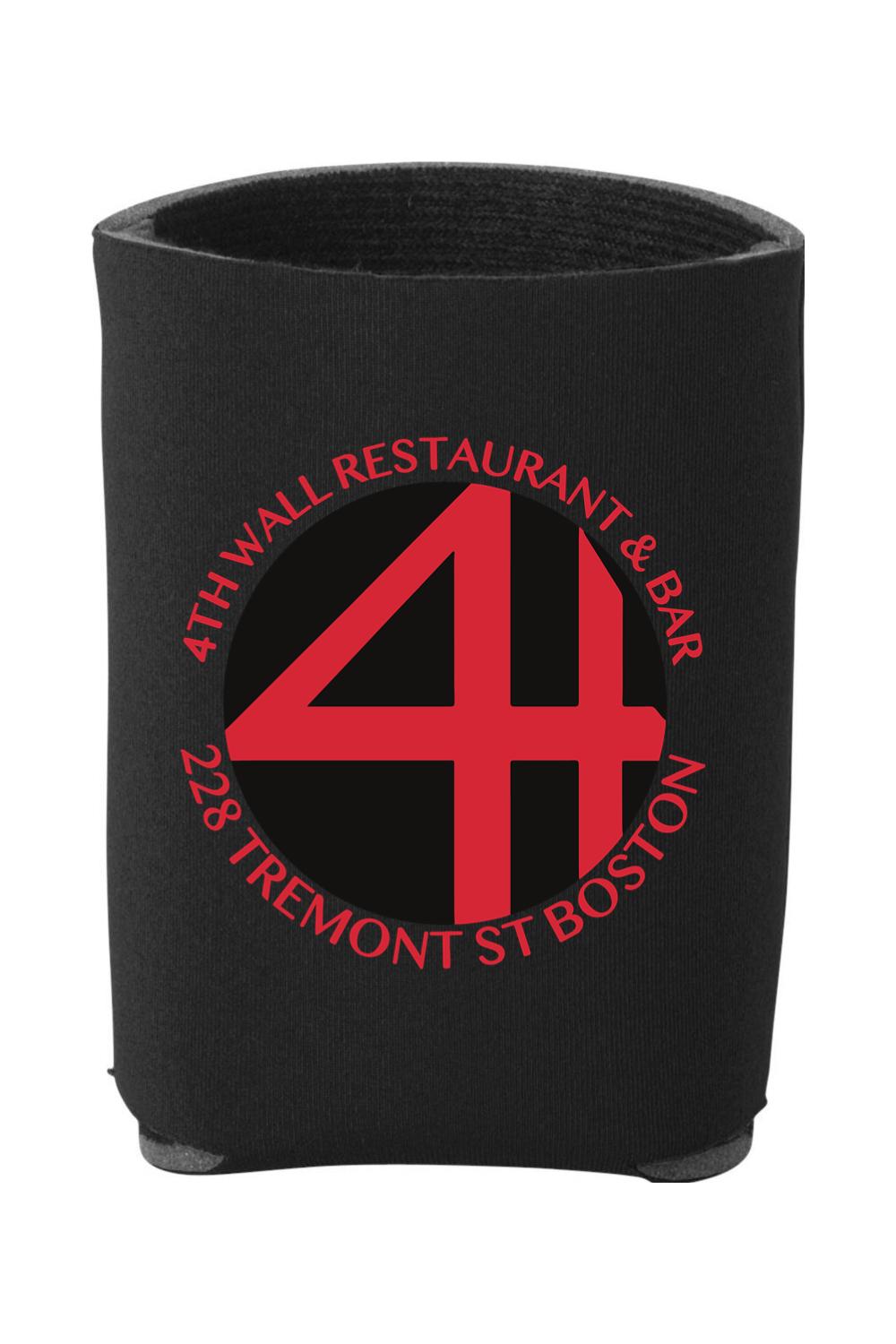 Black neoprene can cooler featuring a red 4th Wall Restaurant & Bar logo with circular text on a white background.