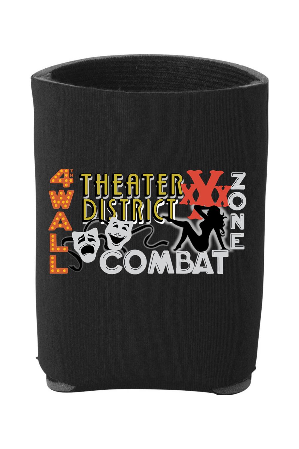 Black neoprene can cooler featuring a Theater District Combat graphic with comedy and tragedy masks.