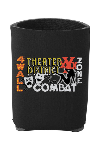 Black neoprene can cooler featuring a Theater District Combat graphic with comedy and tragedy masks.