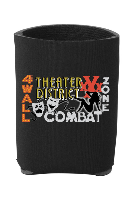 Black neoprene can cooler featuring a Theater District Combat graphic with comedy and tragedy masks.