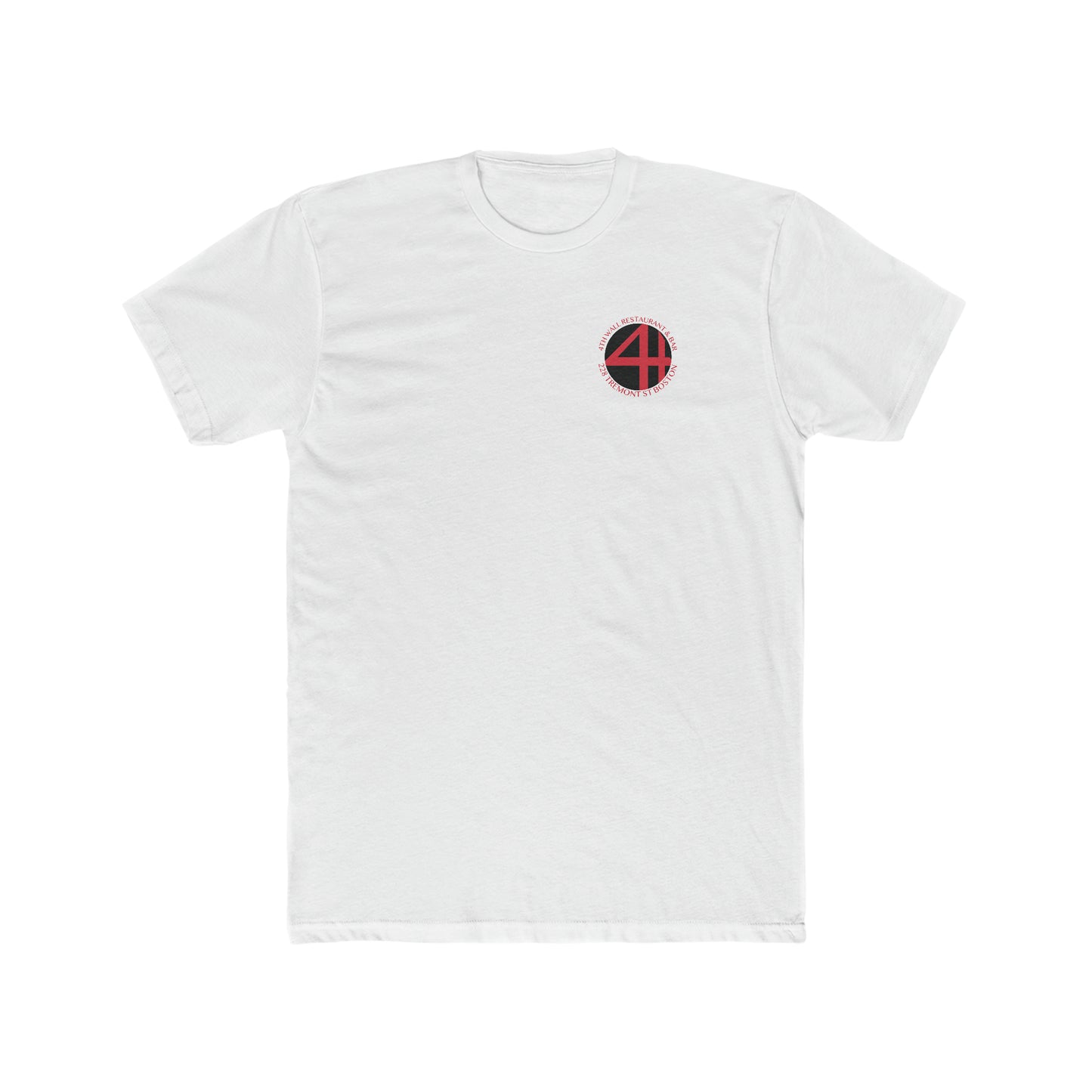 White premium cotton crew neck t-shirt featuring a small black and red 4th Wall Theater District logo on the chest.