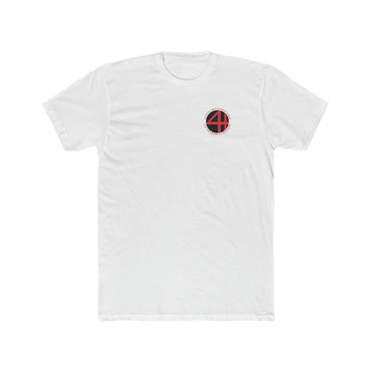White premium cotton crew neck t-shirt featuring a small black and red 4th Wall Theater District logo on the chest.