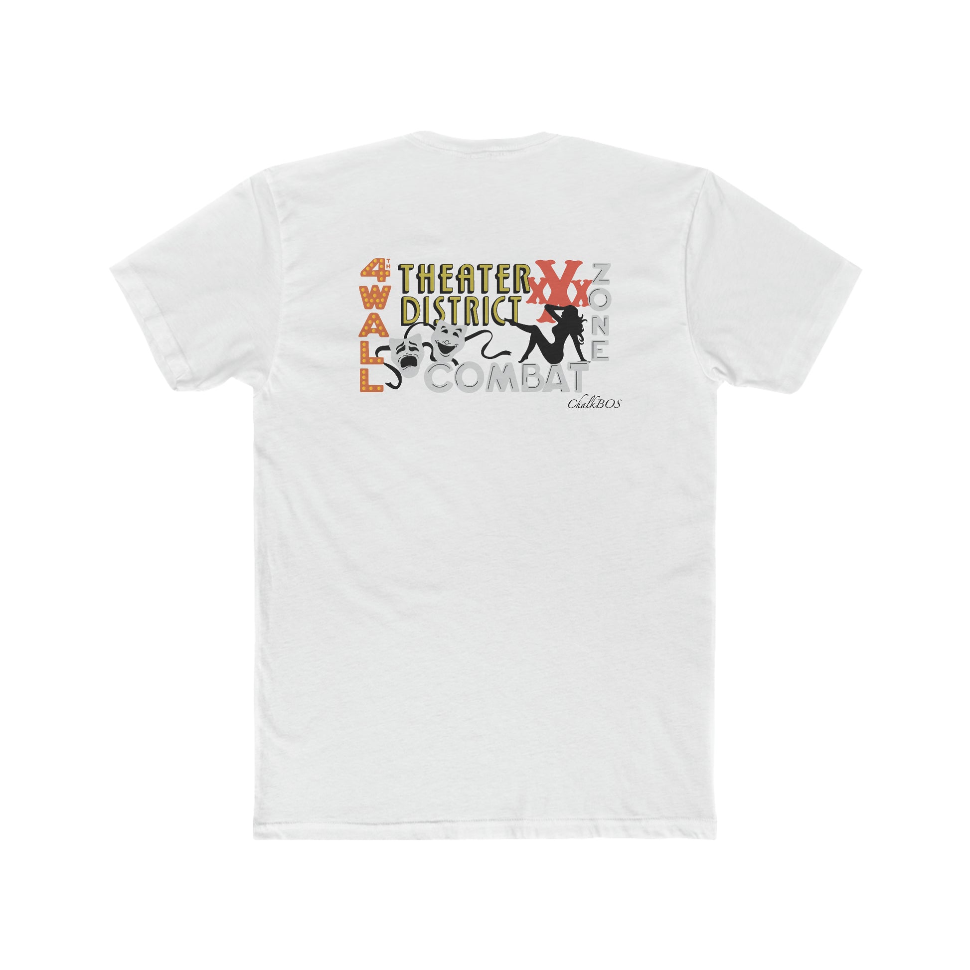 White cotton crew neck t-shirt featuring a back graphic with Theater District text, comedy masks, and silhouette art.