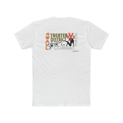 White cotton crew neck t-shirt featuring a back graphic with Theater District text, comedy masks, and silhouette art.