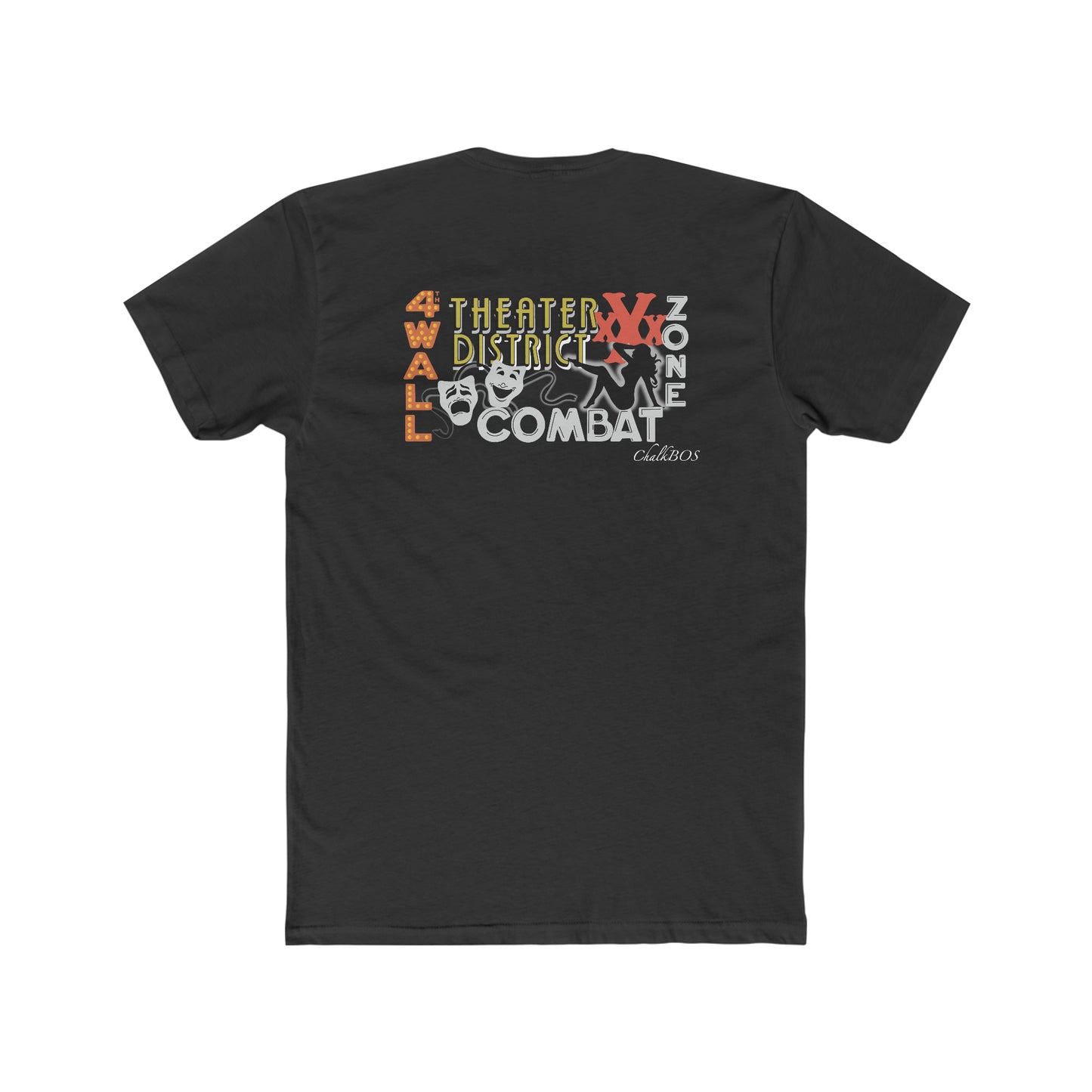 Black cotton crew neck t-shirt featuring a back graphic with Theater District text and theatrical mask illustrations.