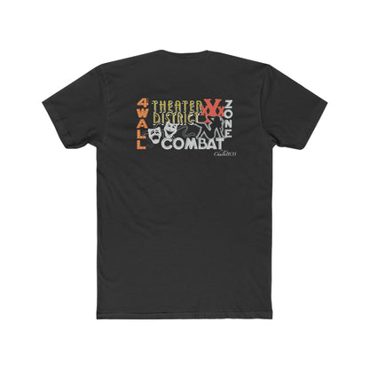 Black cotton crew neck t-shirt featuring a back graphic with Theater District text and theatrical mask illustrations.