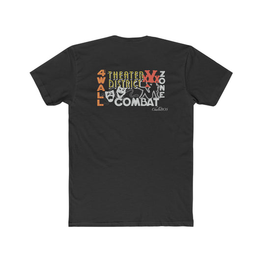 Black cotton crew neck t-shirt featuring a back graphic with Theater District text and theatrical mask illustrations.