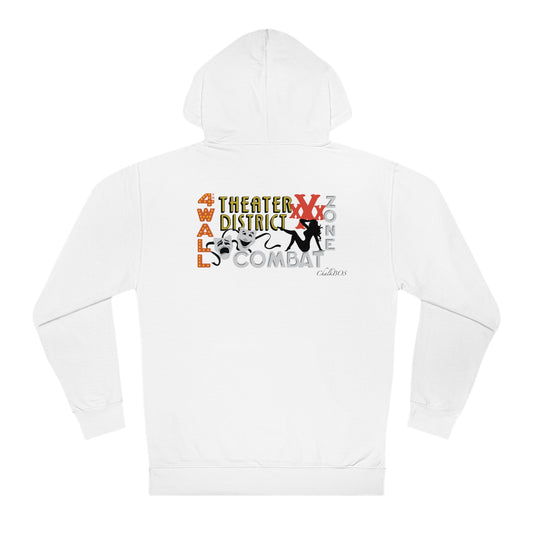 White men's hooded fleece sweatshirt featuring a colorful 4th Wall Theater District graphic on the back.
