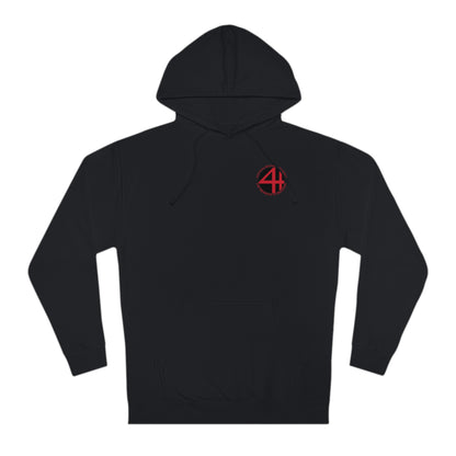 Black cotton-blend fleece hoodie featuring a red 4th Wall Theater District logo on the left chest.