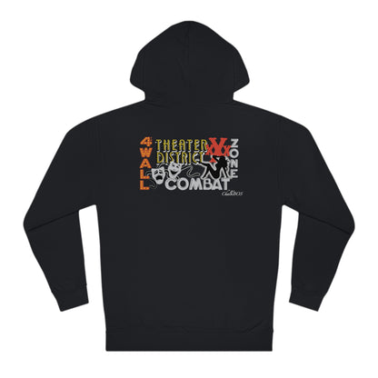Black cotton-blend hooded sweatshirt featuring a colorful Theater District graphic print on the back.