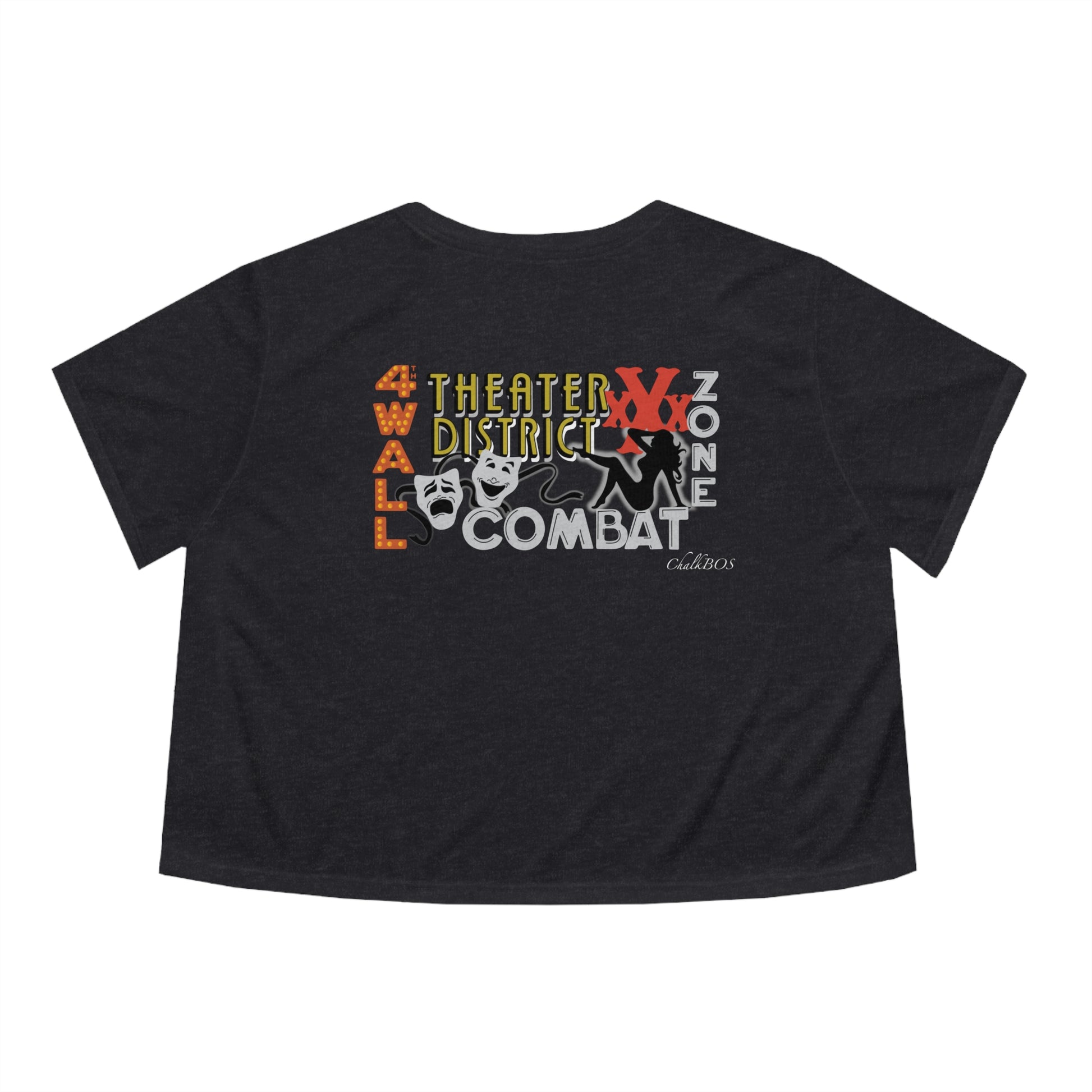 Black flowy cropped tee featuring a Theater District graphic with comedy and tragedy masks and bold text.