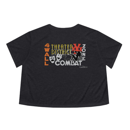 Black flowy cropped tee featuring a Theater District graphic with comedy and tragedy masks and bold text.