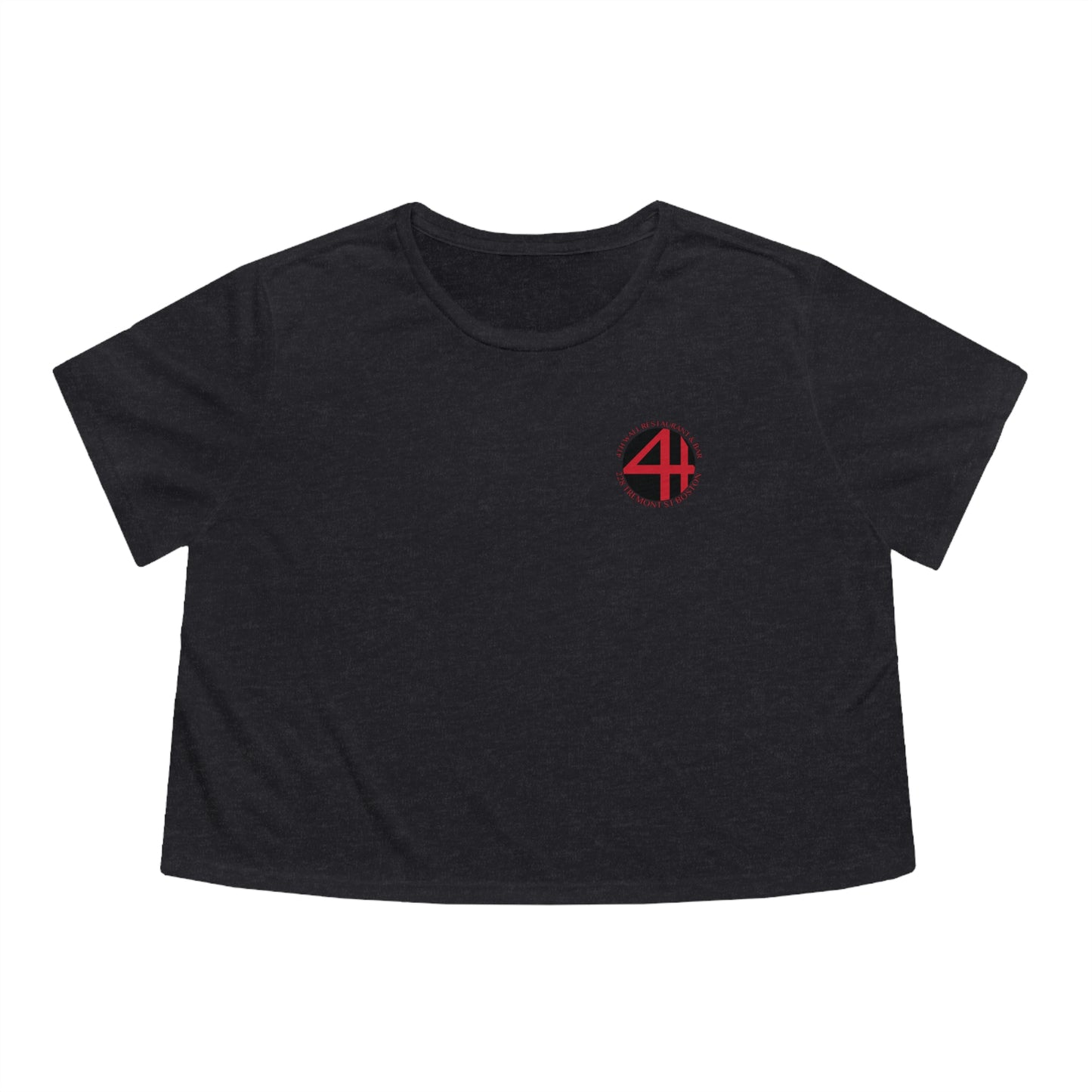 Black flowy cropped women's tee featuring a red 4th Wall Theater District logo on the chest.