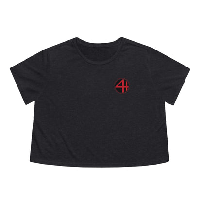Black flowy cropped women's tee featuring a red 4th Wall Theater District logo on the chest.