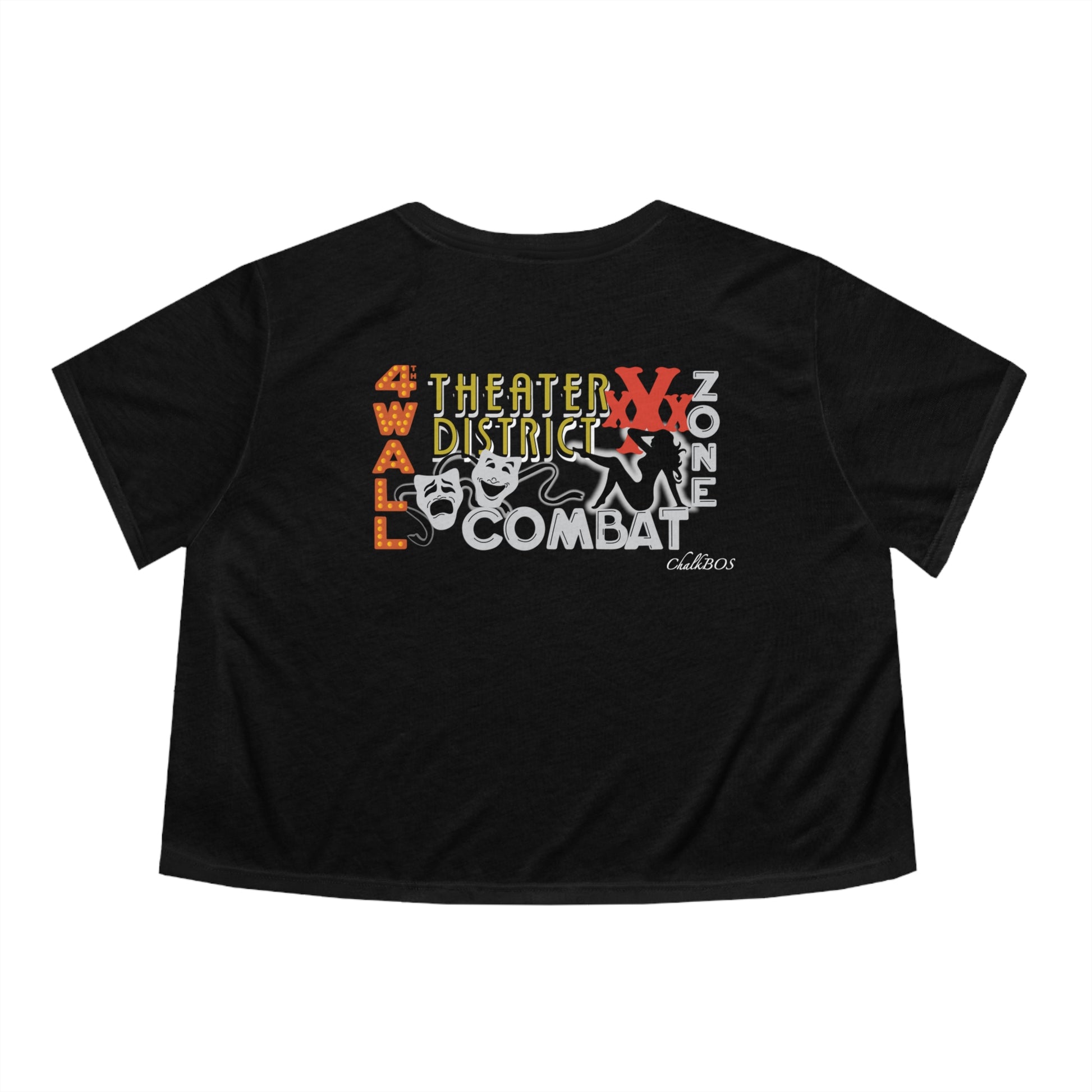 Black flowy cropped tee featuring a colorful Theater District graphic with comedy and tragedy masks on the back.