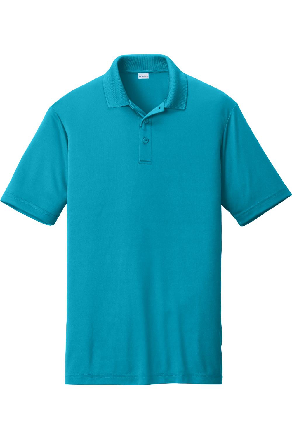 Bright turquoise Sport-Tek PosiCharge moisture-wicking polo shirt with a flat knit collar and three-button placket.