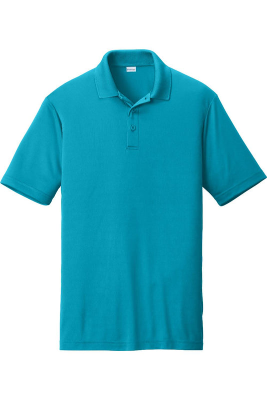 Bright turquoise Sport-Tek PosiCharge moisture-wicking polo shirt with a flat knit collar and three-button placket.