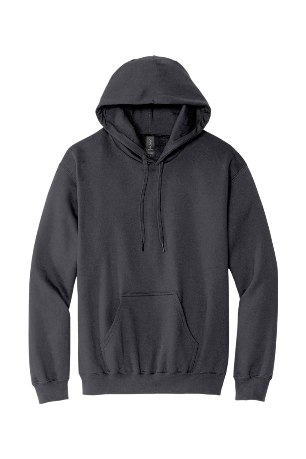 Dark charcoal Gildan Softstyle pullover hoodie with a front pouch pocket and adjustable drawstring hood.