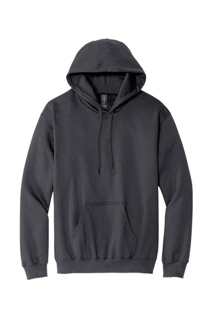Dark charcoal Gildan Softstyle pullover hoodie with a front pouch pocket and adjustable drawstring hood.
