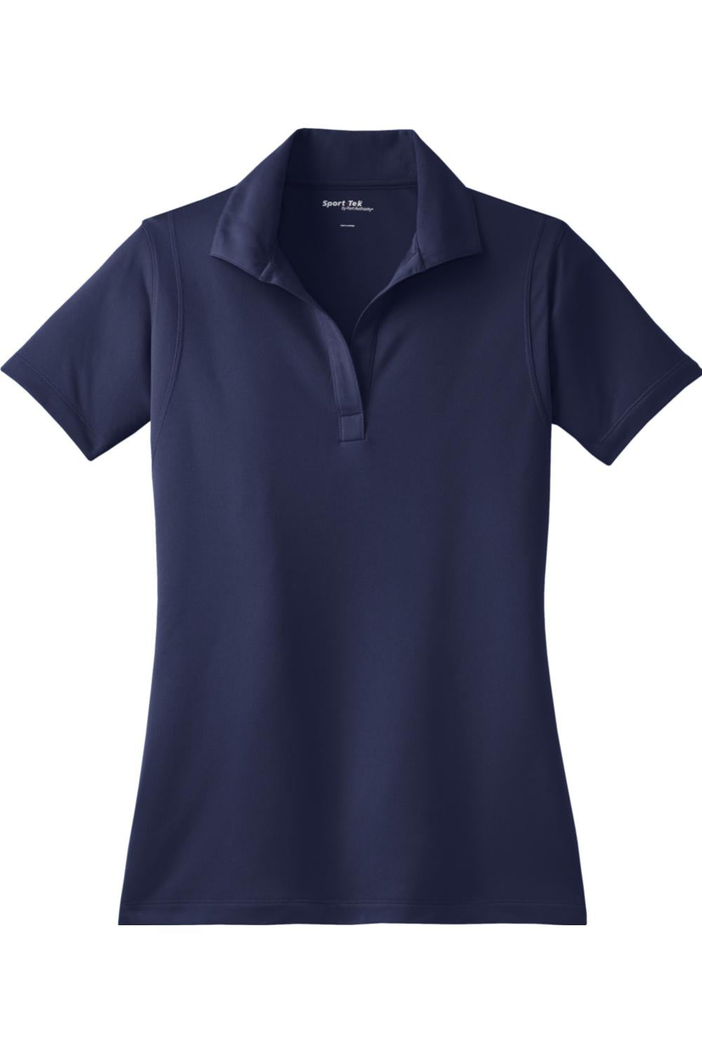 Navy blue Sport-Tek ladies' micropique polo with a moisture-wicking fabric, open collar, and short sleeves.