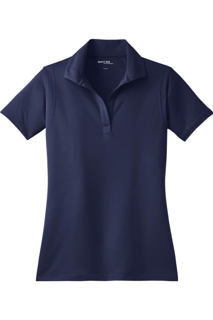 Navy blue Sport-Tek ladies' micropique polo with a moisture-wicking fabric, open collar, and short sleeves.