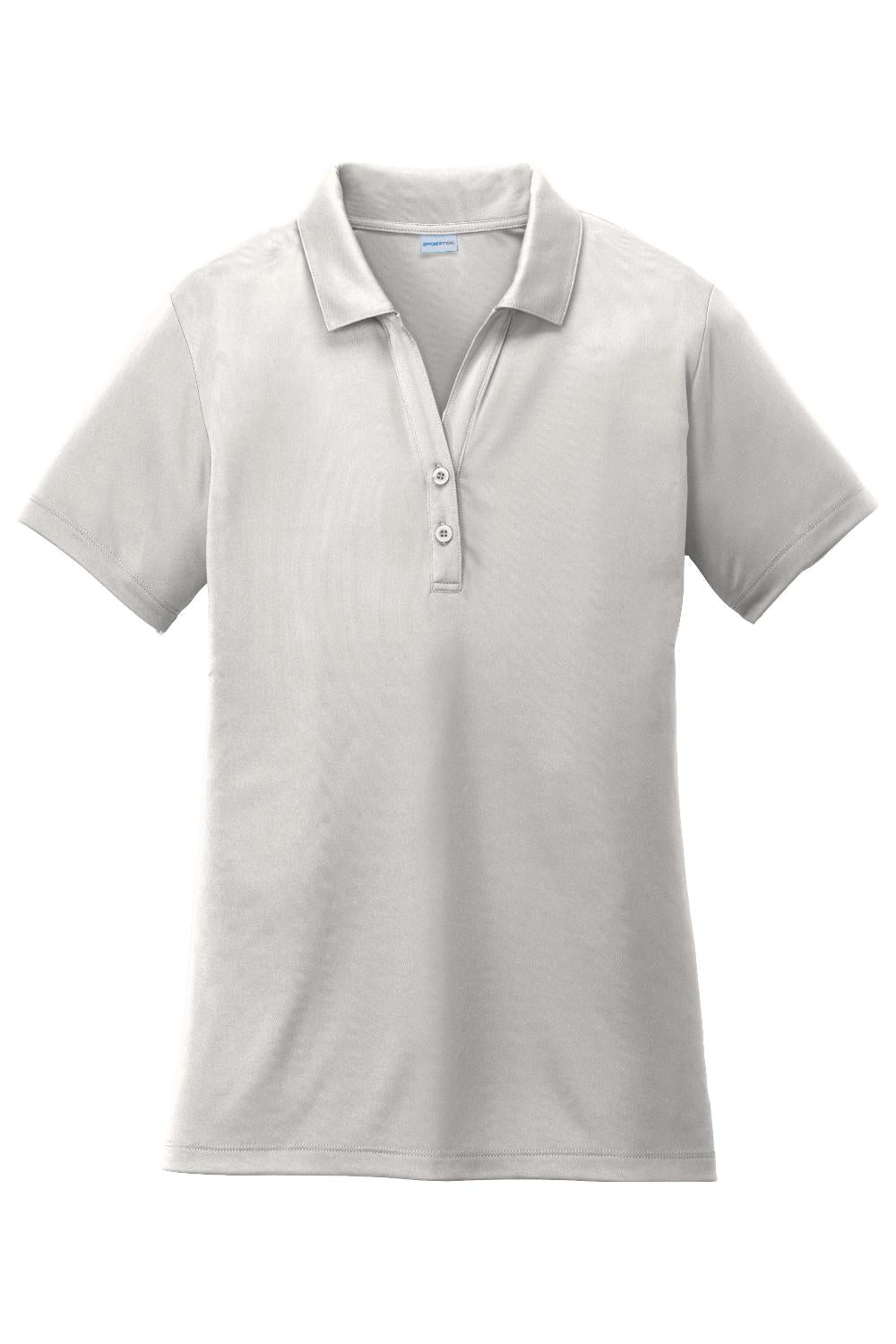 White Sport-Tek ladies moisture-wicking polo with a self-fabric collar, two-button placket, and open hem sleeves.