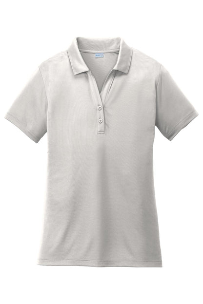 White Sport-Tek ladies moisture-wicking polo with a self-fabric collar, two-button placket, and open hem sleeves.