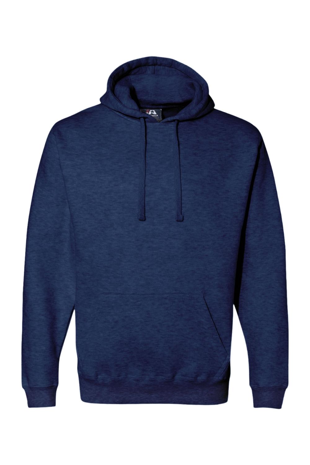 Navy blue J America premium fleece pullover hoodie with a drawstring hood and front kangaroo pocket.
