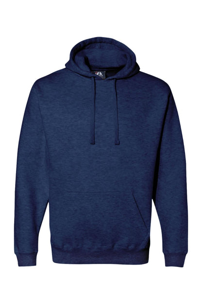 Navy blue J America premium fleece pullover hoodie with a drawstring hood and front kangaroo pocket.