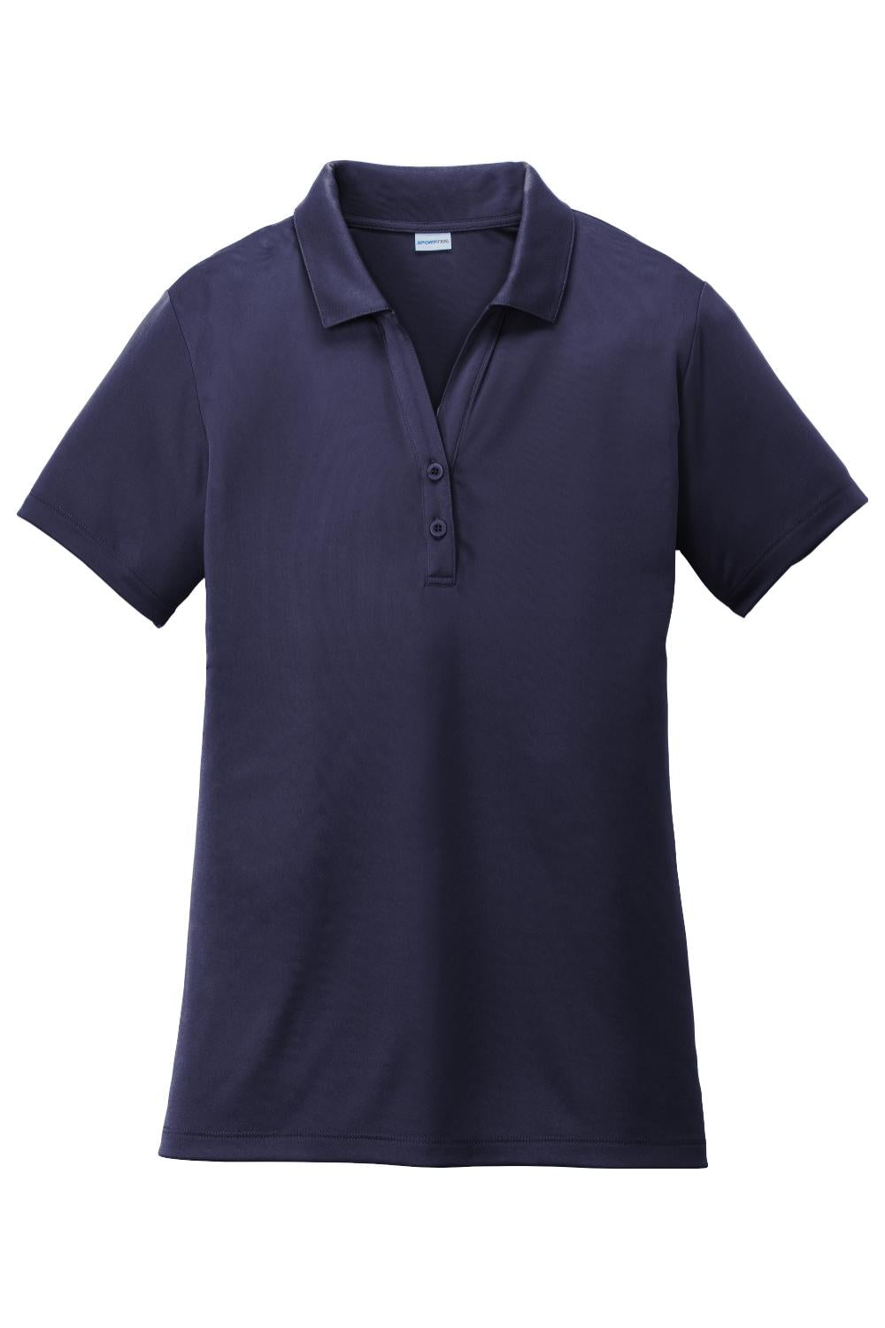 Navy blue Sport-Tek ladies moisture-wicking polo with a self-fabric collar and two-button placket.