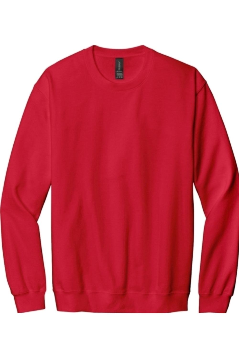 Red Gildan Softstyle crewneck sweatshirt with a classic fit, long sleeves, and ribbed cuffs against a white background.