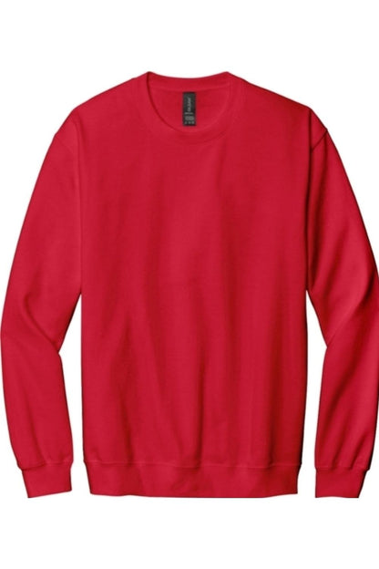 Red Gildan Softstyle crewneck sweatshirt with a classic fit, long sleeves, and ribbed cuffs against a white background.