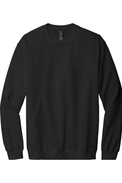 Black Gildan Softstyle crewneck sweatshirt with a relaxed fit, long sleeves, and ribbed cuffs against a white background.