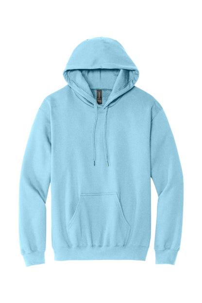 Light blue Gildan Softstyle pullover hoodie with a drawstring hood and front kangaroo pocket.