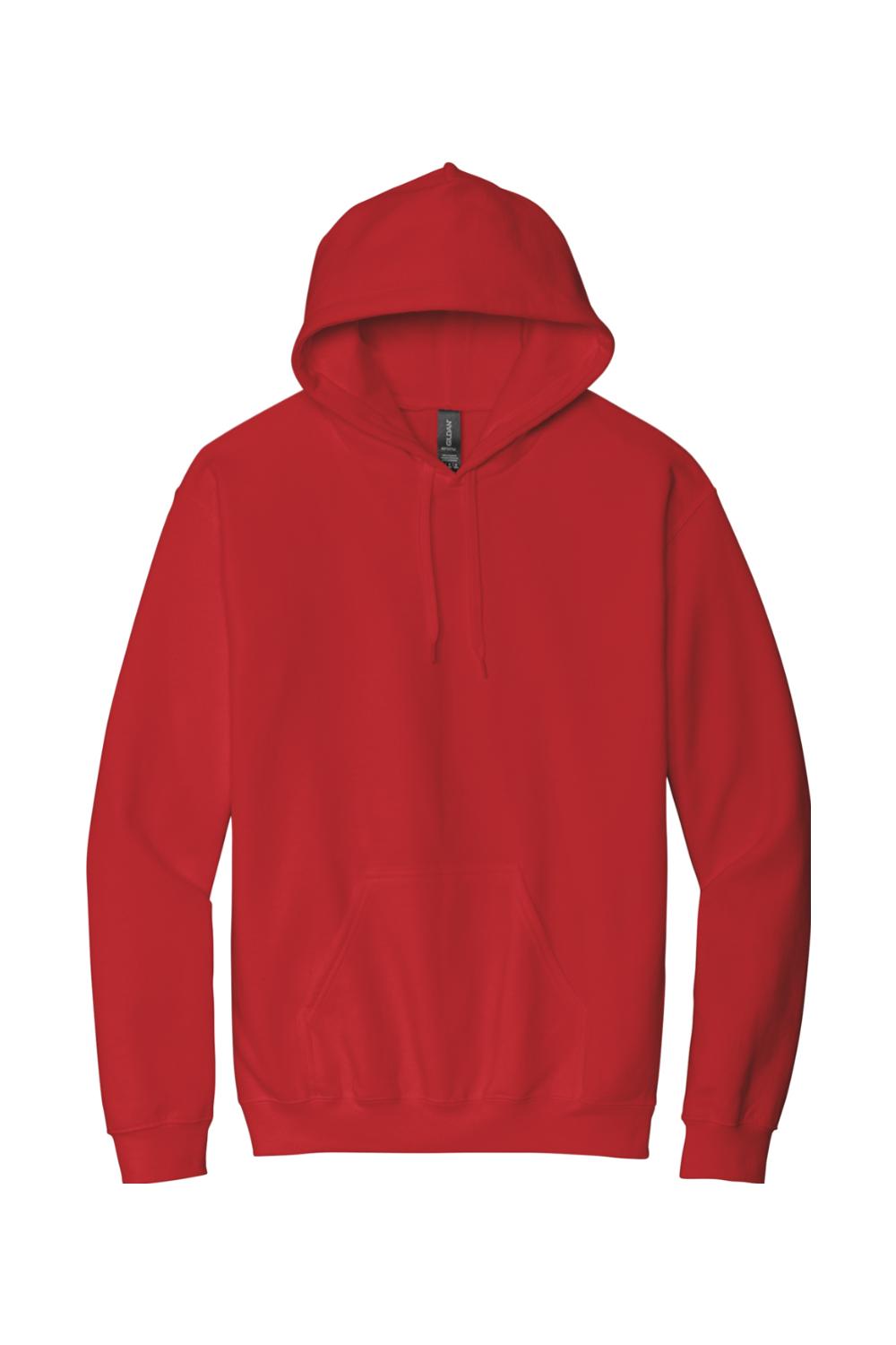 Red Gildan Softstyle pullover hoodie with a drawstring hood and front kangaroo pocket in a classic cotton blend.