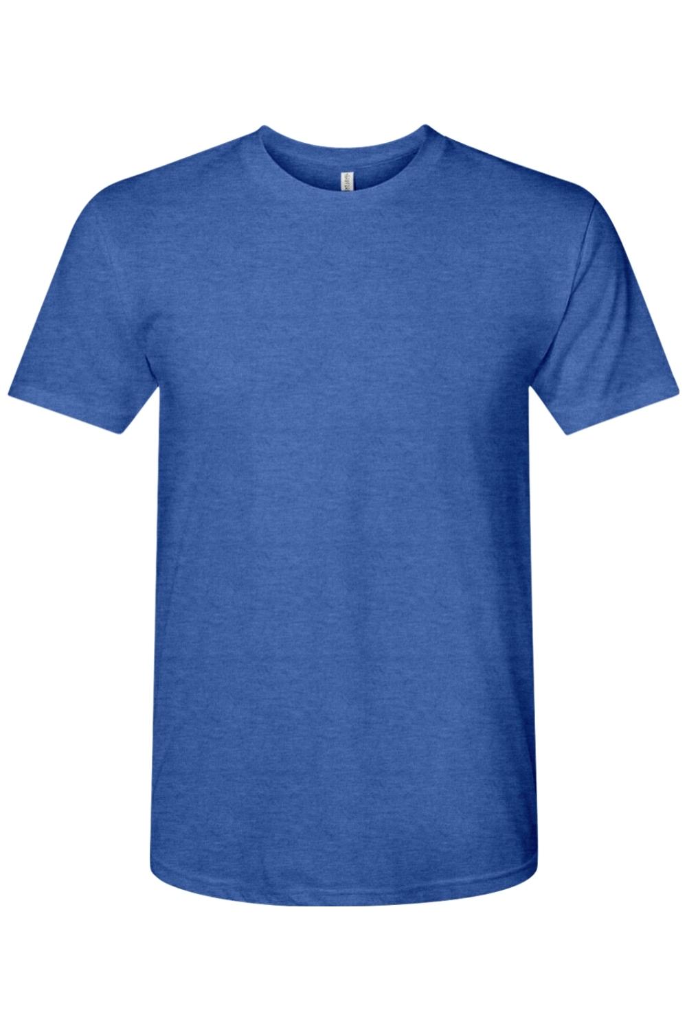 Blue Next Level tri-blend crew neck t-shirt made from a soft, lightweight polyester, cotton, and rayon fabric.