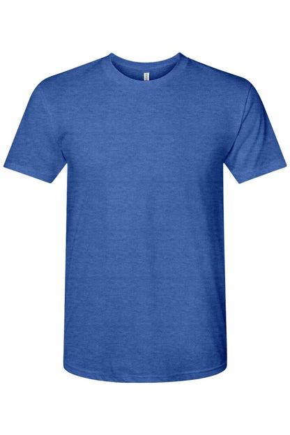 Blue Next Level tri-blend crew neck t-shirt made from a soft, lightweight polyester, cotton, and rayon fabric.