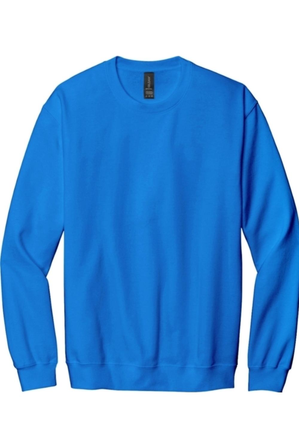 Bright blue Gildan Softstyle crewneck sweatshirt with a classic fit, long sleeves, and ribbed cuffs and hem.