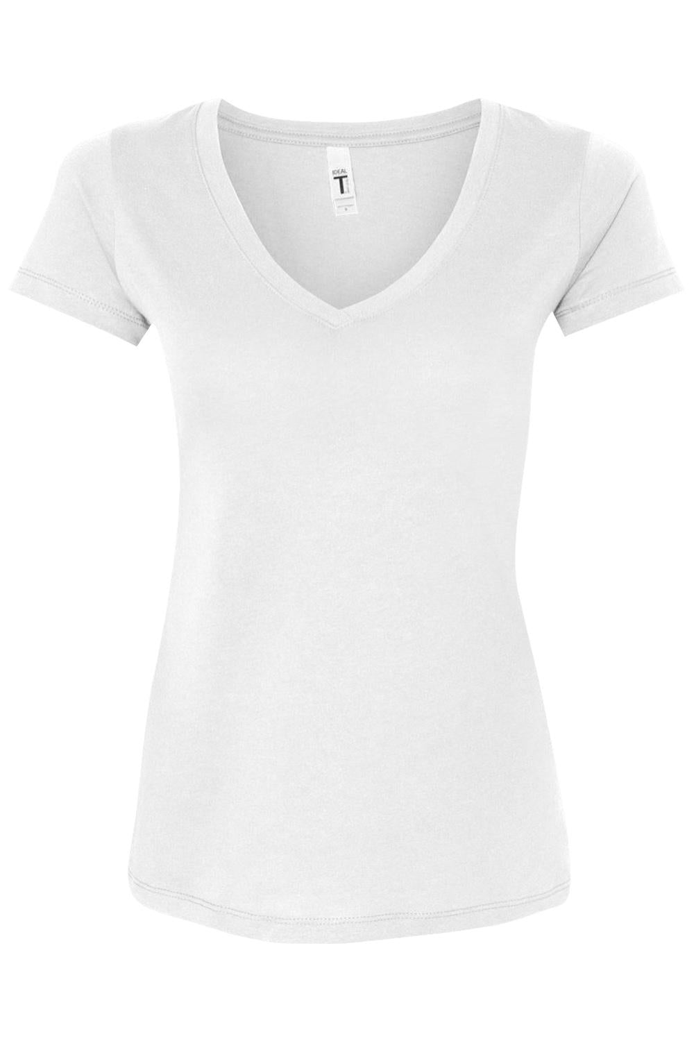 Women's white Next Level Ideal V-neck t-shirt in a soft cotton blend with a flattering, fitted silhouette.