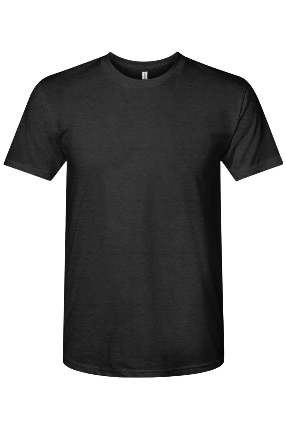 Black Next Level tri-blend crewneck t-shirt made from a soft, lightweight polyester, cotton, and rayon fabric.