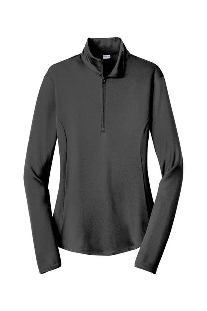 Black Sport-Tek ladies' moisture-wicking 1/4-zip pullover with a mock neck and fitted silhouette.