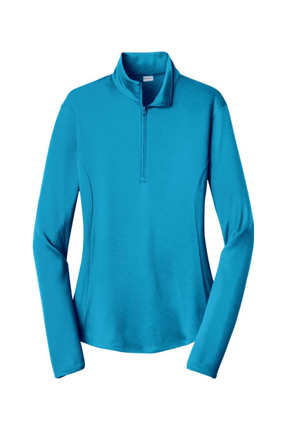 Bright blue ladies' Sport-Tek moisture-wicking 1/4-zip pullover with a mock neck and long sleeves.