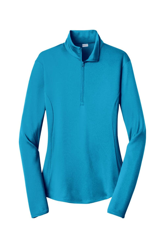 Bright blue ladies' Sport-Tek moisture-wicking 1/4-zip pullover with a mock neck and long sleeves.