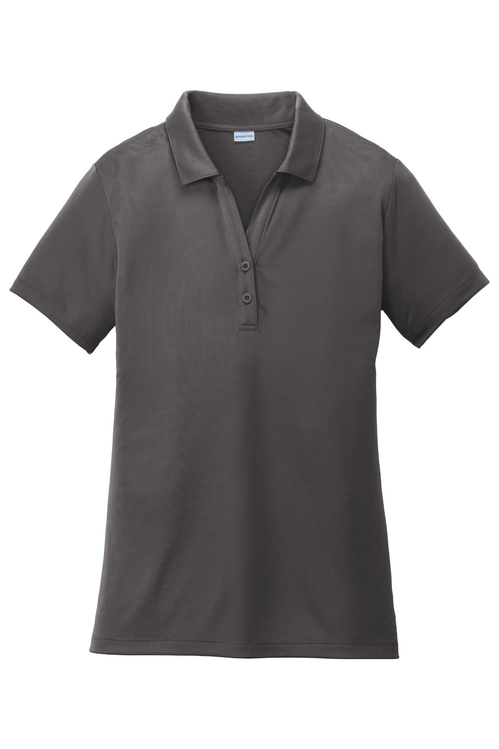 Dark grey Sport-Tek ladies moisture-wicking polo with a self-fabric collar and two-button placket.
