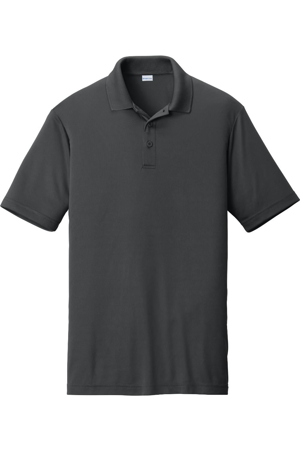 Dark grey Sport-Tek PosiCharge Competitor polo shirt with a flat knit collar, three-button placket, and open hem sleeves.